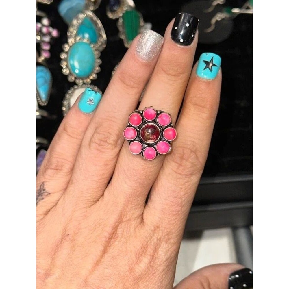 Pink Conch & Red Rose Dahlia Flower Sterling Silver Overlay Ring Size 8
